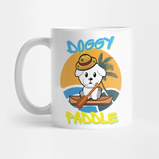 Cute furry Dog is paddling on a boat Mug